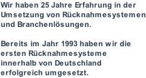 Wir haben 25 Jahre Erfahrung in der Umsetzung von Rücknahmesystemen und Branchenlösungen.  Bereits im Jahr 1993 haben wir die ersten Rücknahmesysteme innerhalb von Deutschland erfolgreich umgesetzt.